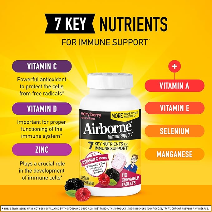 Airborne Vitamin C 1000mg (per Serving) - Very Berry Chewable Tablets (116 Count in a Bottle), Gluten-Free Immune Support Supplement, with Vitamins A C E, Zinc, Selenium, Ginger, Antioxidants