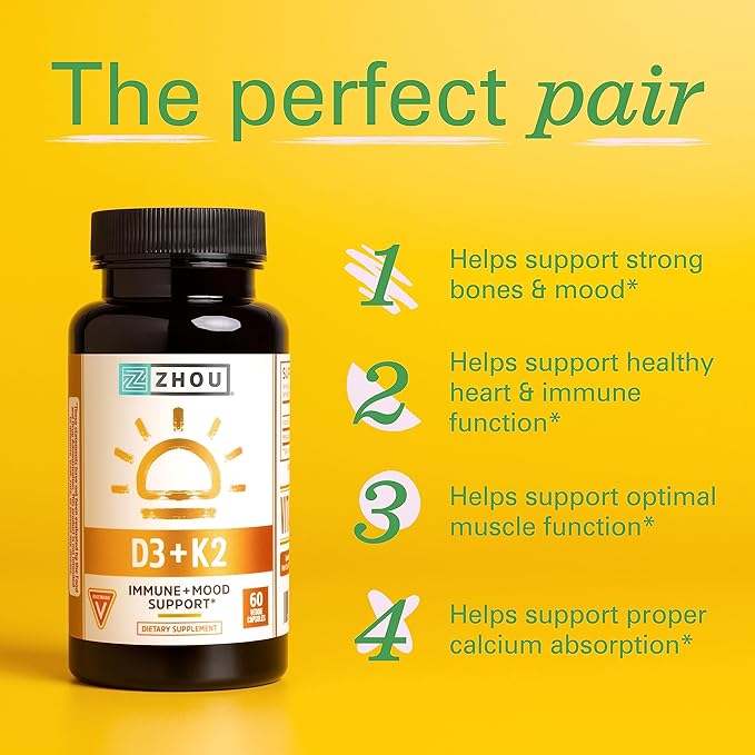 Zhou D3+K2 - Vitamin D3 K2 Supplement for Women & Men, Immune Support Vit D3 and K2 Supplements, Pure Vegetarian Formula with 5000 IU of D3 and MK-7 - 60 Veggie Capsules (Pack of 1)
