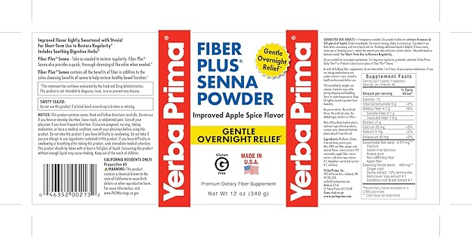 Yerba Prima Fiber Plus Senna Powder, 12 oz (Pack of 1) - Apple Spice Flavor, Gentle Overnight Relief, USA Made, Non-GMO, Stevia Sweetened, Short-Term Use to Restore Regularity