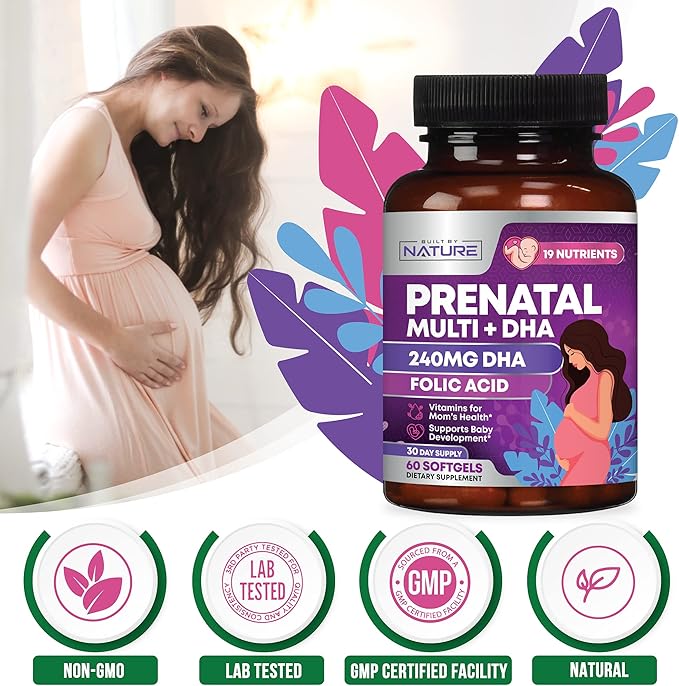 Prenatal Vitamins for Women - Multivitamin with DHA, Folic Acid, Vitamin C, B12, Iron & Omega-3 - Before, During & Post Pregnancy Supplement for Healthy Growth & Brain Development - 60 Softgels