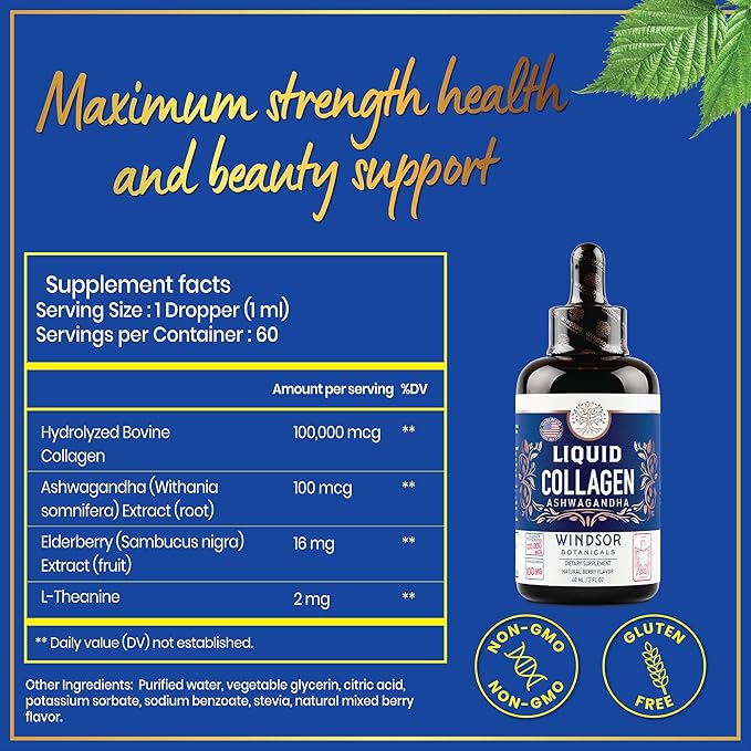 WINDSOR BOTANICALS Liquid Collagen Ashwagandha and Inositol Capsules - Hormonal Balance & Mood Support Bundle
