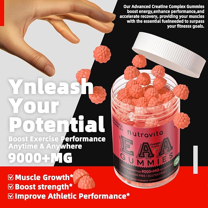 EAA Gummies 120 Gummies (Strawberry), 9000 mg Essential Amino Acids - All 9 Essential Aminos (EAA) and All Branched-Chain Aminos (BCAAs), Non-GMO, Gluten Free, Vegetarian Friendly