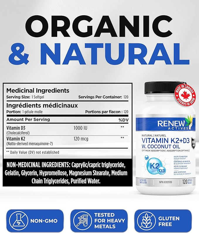 Renew Actives D3 K2 Supplement with Coconut Oil 1000 IU per Serving- Promotes Immune Function, Bone Health & Teeth, Enhances Calcium Absorption for Optimal Wellness - Made in Canada - 120 Softgels