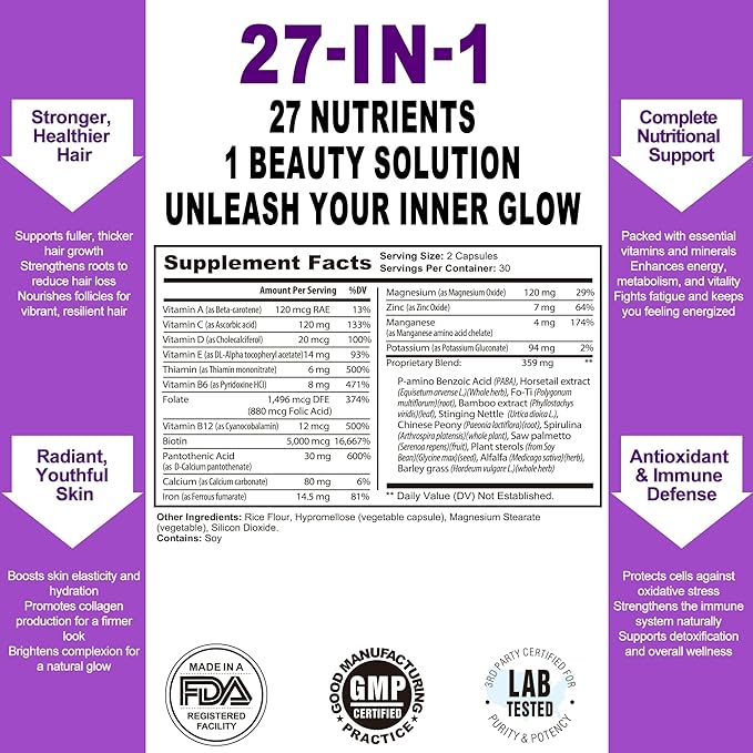 Hair, Skin & Nails – Expertly Formulated for Women with Biotin, Collagen & Antioxidants | Supports Hair Growth, Glowing Skin & Strong Nails | Non-GMO, Gluten-Free, Soy-Free