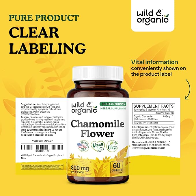 Wild & Organic Chamomile Capsules 800 mg - Relaxation & Digestive Support - Herb Chamomile Extract Supplement - Matricaria Recutita Flower - Vegan, No Fillers, Non-GMO - 60 Count