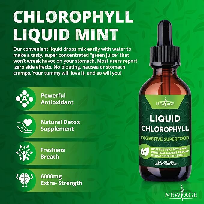 NEW AGE Chlorophyll Liquid Drops - Natural Concentrate – Energy Booster, Digestion and Immune System Supports, Internal Deodorant, Liver Function - (2 Fl Oz (Pack of 4))