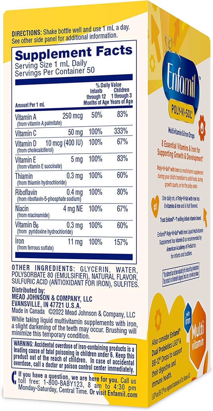 Enfamil Prenatals & Baby Vitamins Poly-Vi-Sol 8 Multi-Vitamins & Iron Supplement Drops for Infants & Toddlers, Supports Growth & Development, 50 mL Dropper Bottle (Pack of 2)