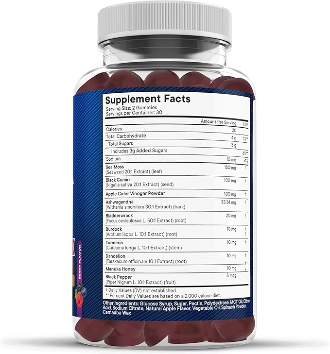 NEW AGE Sea Moss Gummies, Sea Moss, Black Seed, Ashwagandha, Turmeric, Manuka Honey, ACV, Dandelion, Black Pepper, Burdock, Bladderwrack, Vegan - 60 Count