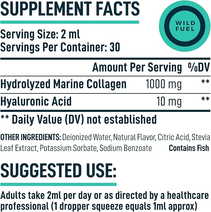 WILD FUEL Liquid Marine Collagen Peptides Supplements - 1,000mg Hydrolyzed Collagen Marine with Hyaluronic Acid 10mg - Hair Skin and Nails Vitamins - Natural Lemon Flavor, Liquid 2oz
