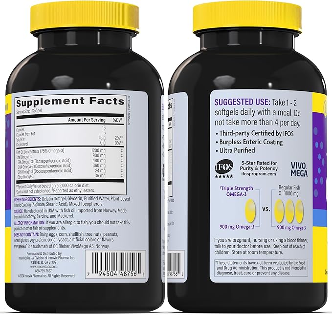 InnovixLabs Triple Strength Omega 3 Supplement, Burpless Fish Oil for Women and Men - 900 mg EPA & DHA, Brain & Joint Support, Award Winning & Third-Party Tested, 200 Softgels