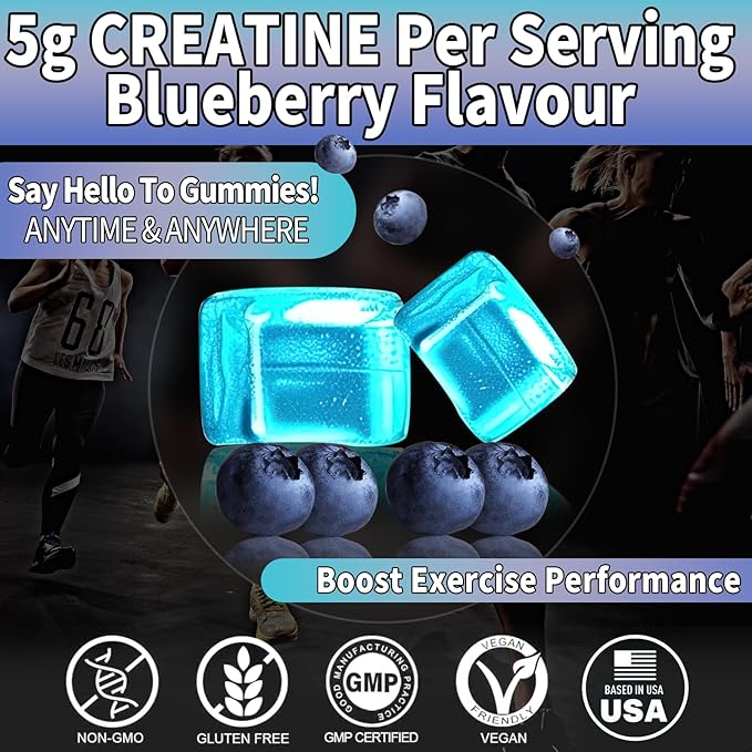 (2Pack,120 Count) Creatine Monohydrate Gummies for Men & Women 5000mg, Chewable Creatine Monohydrate with W/L-Taurine + Vitamin B12 for Muscle Support, Energy Boost - Sugar Free,Vegan (Blueberry)