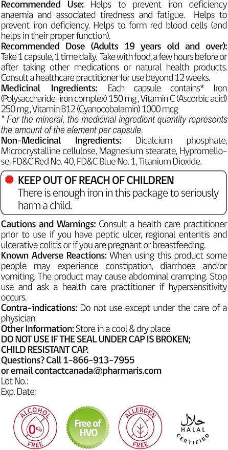 IMAX 150 mg Iron Supplement, 250 mg VIT C, 1000 mcg VIT B12, 30 Capsules, Treatment for Iron Deficiency Anemia, Once Daily Dosing