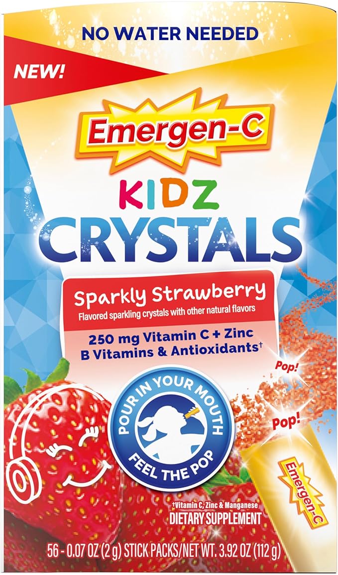 Emergen-C Kidz Crystals, On-the-Go Emergen-C Immune Support Supplement with Vitamin C, B Vitamins, Zinc and Manganese, Sparkly Strawberry - 56 Stick Packs