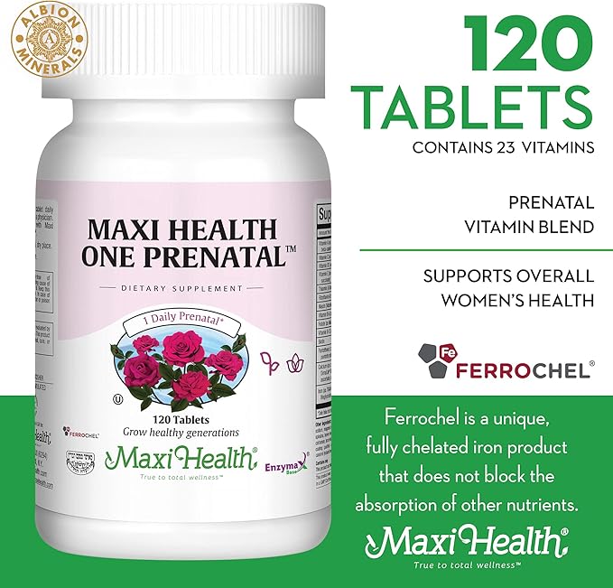Maxi Health One Prenatal - Womens Prenatal Vitamins with Iron - Enhanced Absorption & Bioavailability - Daily Multivitamin for Women - Multi Vitamin & Mineral Supplement for Adults - 120 Tablets