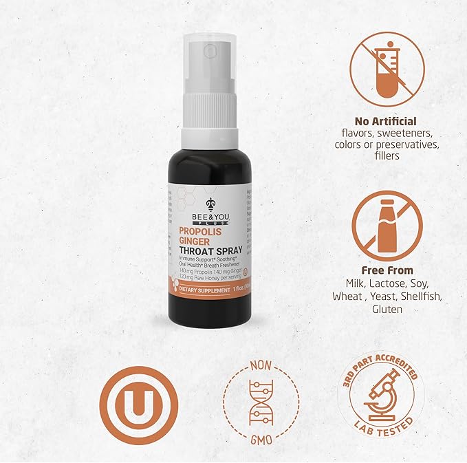 Bee and You Propolis Ginger Raw Honey Soothing Throat Spray, Ultra Pure, Immune Support Supplement, Oral Health, Antioxidants, Keto, Paleo, Gluten-Free, 1 Fl Oz