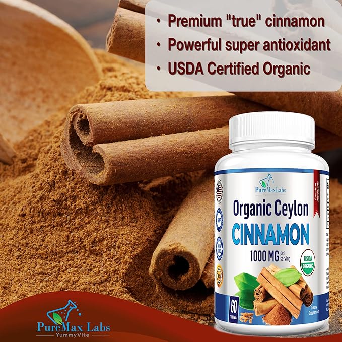 Organic Ceylon Cinnamon - 1000mg per Serving, Certified Organic True Cinnamon Supplement, antioxidant, Fast Absorption - 60 Tablets