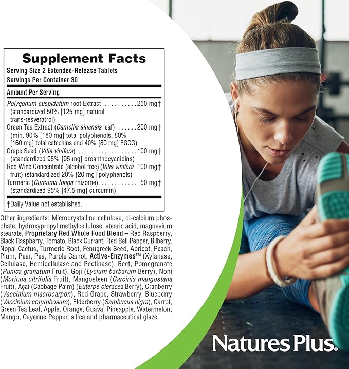 Natures Plus Herbal Actives Resveratrol, Extended Release - 125 mg, 60 Vegetarian Tablets - Gluten-Free - 30 Servings