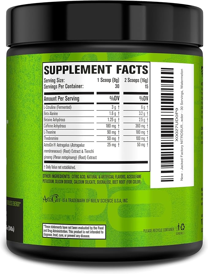 Jacked Factory NITROSURGE Pre Workout Supplement - Endless Energy, Instant Strength Gains, Clear Focus and Intense Pumps - NO Booster & Powerful Preworkout Energy Powder - 30 Servings, Watermelon