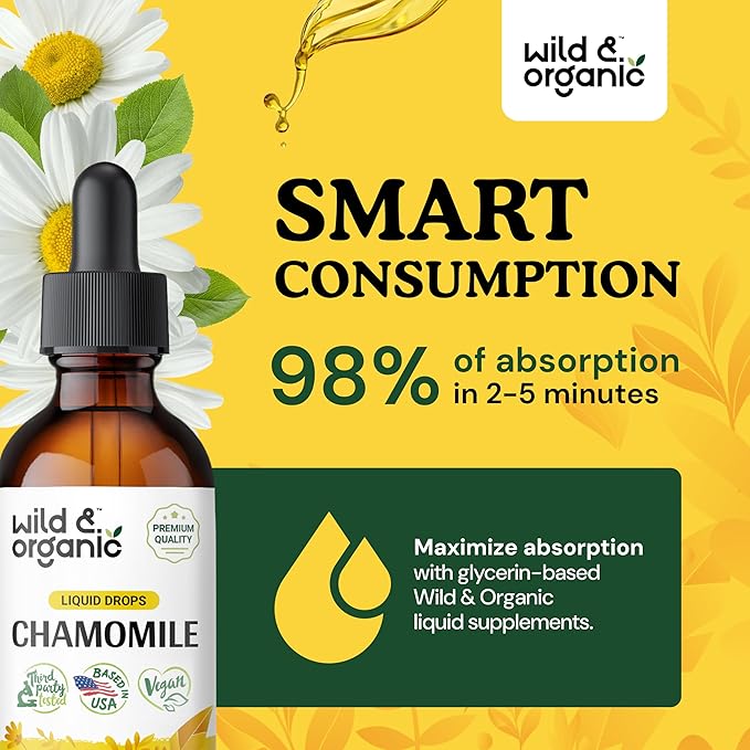 Wild & Organic Chamomile Tincture - Relaxing & Calming Chamomile Supplement - Liquid Flower Extract Drops - Vegan, Sugar & Alcohol-Free - 2 fl oz