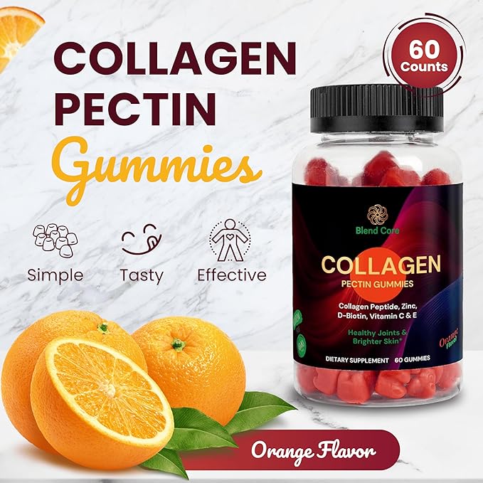 Collagen Gummies for Women & Men with D-Biotin, Vitamin C, E & Zinc - Gluten Free Collagen Peptides, Orange Flavor - Support Skin, Hair & Nail Health - 60 Gummies