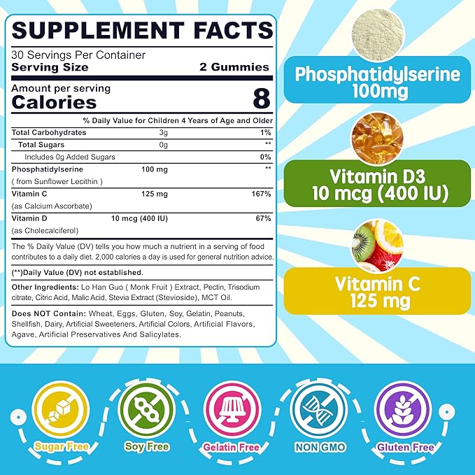 Sugar Free Phosphatidylserine Gummies for Kids 2 Pack + Vegan Omega-3 Gummies 1000mg 1 Pack