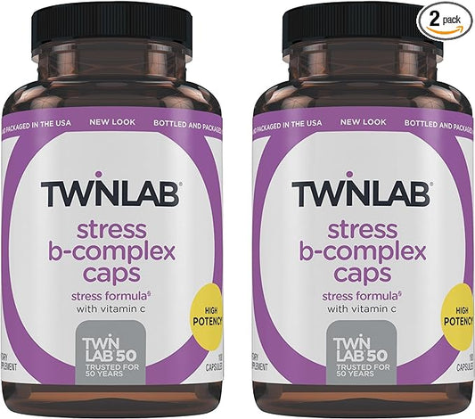 Twinlab Stress B-Complex Caps - Complete B-Complex & 1000 mg Vitamin C - Energy Support Supplement with Vitamin B12 and B6-100 Capsules (Pack of 2)