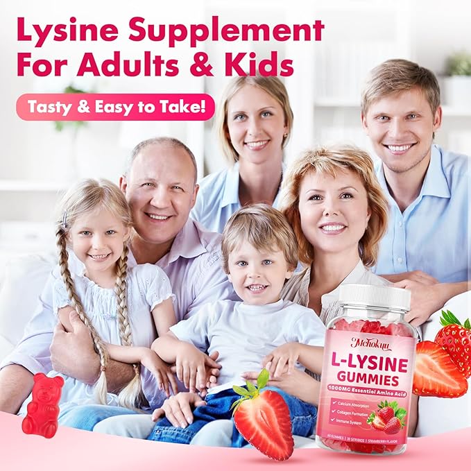 L-Lysine 1000mg Gummies, Chewable Lysine Supplement for Adults & Kids Immune Support, Essential Amino Acid, Vegetarian, Non-GMO, Sugar-Free, Gluten Free, Strawberry Flavor, 60 Counts