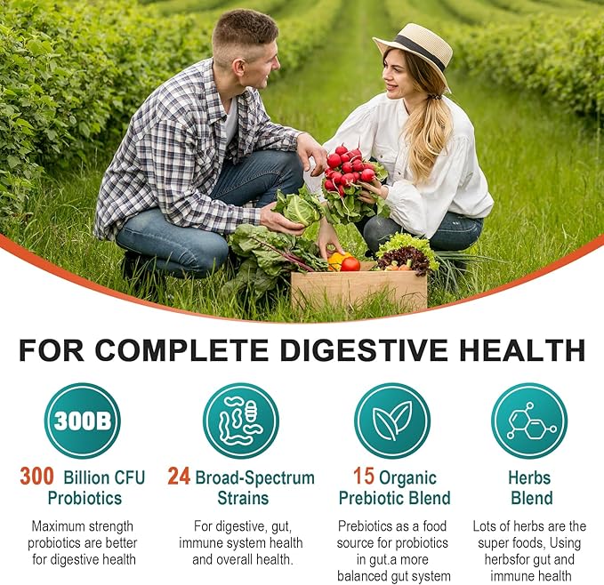 Probiotics for Women & Men - 300 Billion CFU, 24 Strains Probiotic + 15 Organic Herbs Prebiotics Blend, for Overall Digestive Gut Health, Immune, Constipation & Bloating, Shelf Stable - 4 Month Supply