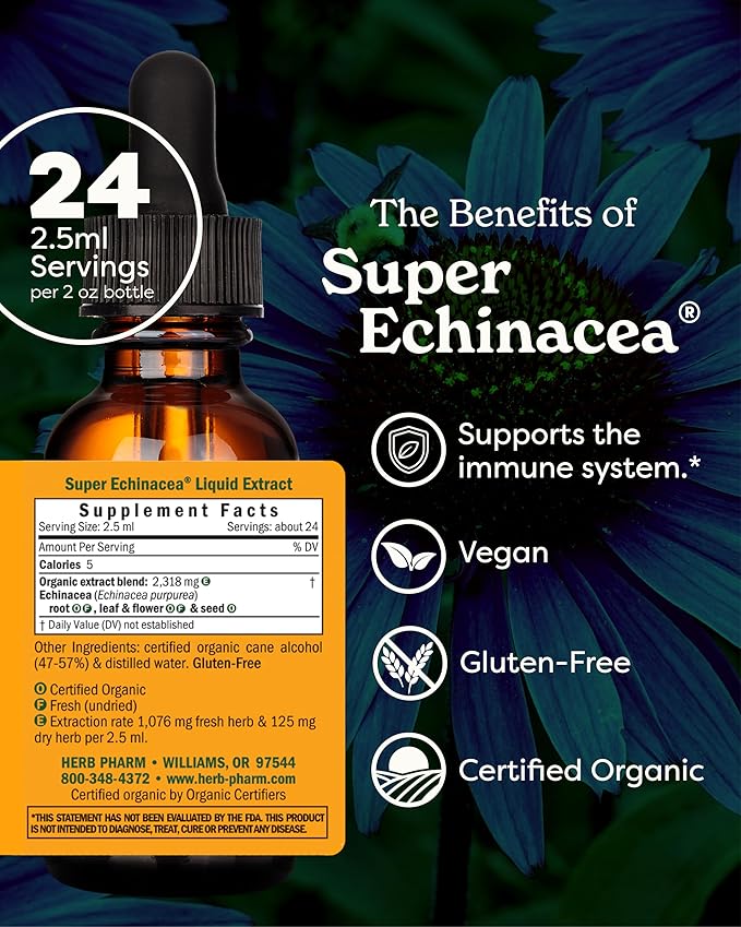 Herb Pharm Certified Organic Super Echinacea Liquid Extract Drops for Active Immune System Support, 2 Oz