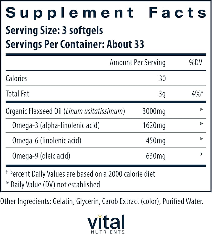 Vital Nutrients Flax Seed Oil 3000mg | Cold Pressed Flax Oil with high Concentration of ALA for Heart Health* | Gluten, Dairy and Soy Free | Non-GMO | 100 Softgels