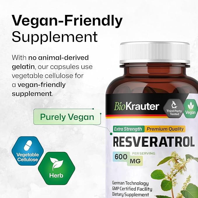 BIO KRAUTER Resveratrol Supplement Capsules 600 mg - 100 Count - Natural Antioxidant Source - 98% Pure Trans Resveratrol Powder - Vegan