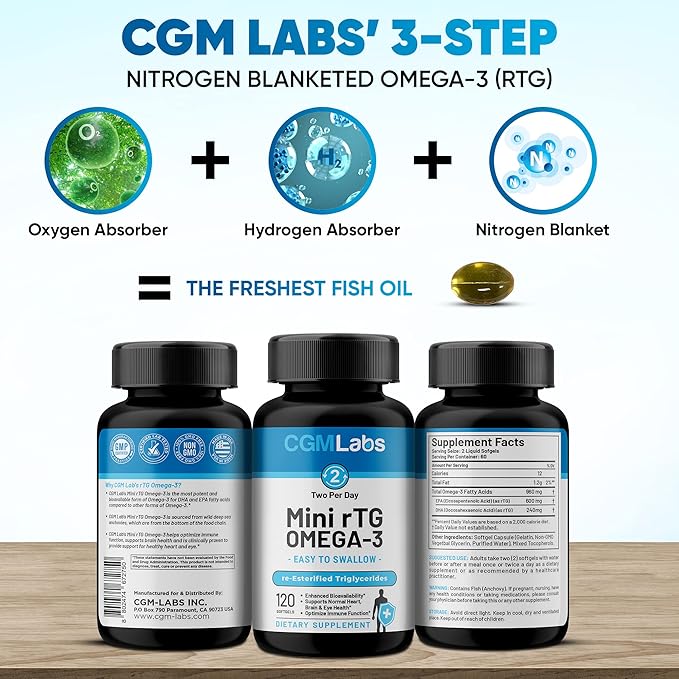 rTG Omega 3 Fish Oil Dietary Supplement - High Absorption & Fast Acting, Burpless Fish Oil Supplement from Anchovy. re-esterified Triglyceride w/EPA & DHA (as rTG) 960mg - 120 Softgels by CGM Labs