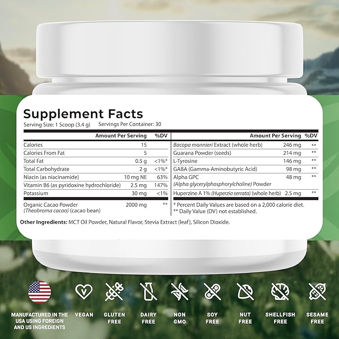 CogniCharge Brain Supplements for Memory, Focus & Clarity - with Bacopa Monnieri Extract, Guarana Powder, Niacin, L-Tyrosine, Alpha GPC, GABA & More - 3.63 Oz - 30 Servings - Cocoa Mist Flavor