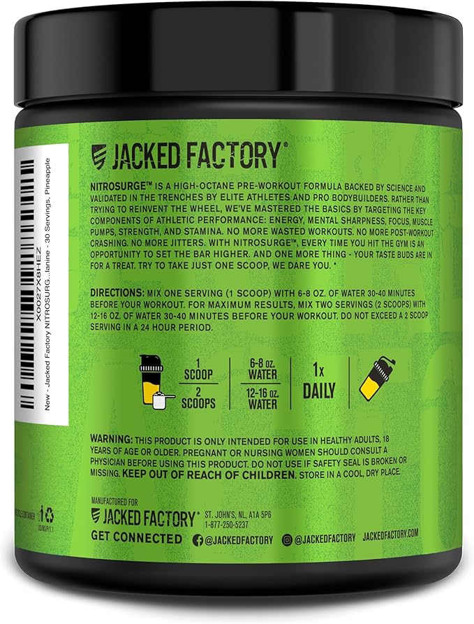 Jacked Factory NITROSURGE Pre Workout Supplement - for Energy, Instant Strength Gains, Clear Focus, Intense Pumps - Nitric Oxide Booster & Preworkout Powder with Beta Alanine - 30 Servings, Pineapple