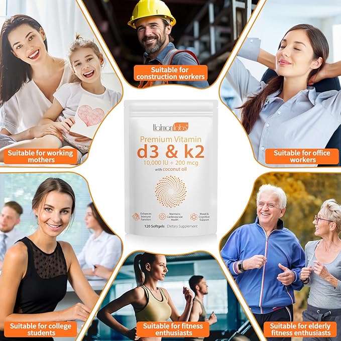 Vitamin D3 K2 Supplement Softgel,2-in-1 Micro Ingredients Vitamin D3 10000 IU + 200 MCG Vitamin K2,Coconut Oil Softgels,Free of GMO, Supplement Softgel (120Pcs)