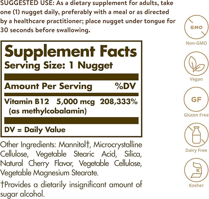 Solgar Methylcobalamin (Vitamin B12) 5000 mcg - Supports Energy Metabolism - Body-Ready, Active Form of B12 - Vitamin B - Non GMO, Vegan, Gluten, Dairy Free, Kosher - Cherry, 60 Count