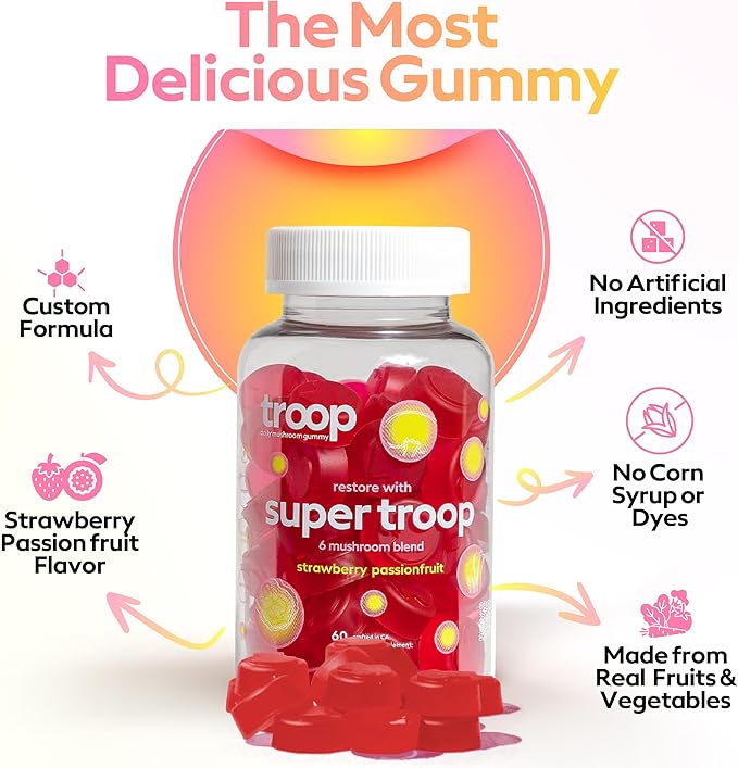 Troop Daily Super 6 Blend Mushroom Gummies for Adults and Children - Immunity, Vitality, Mood, Balance, Gut Health, Energy Supplement with Triple Extracted Fruit Body Blend - Vegan, 60 Count