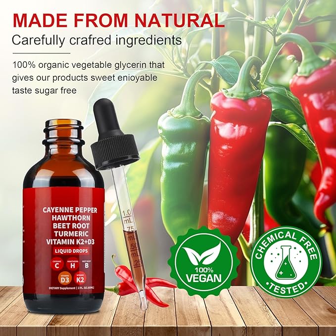 Cayenne Pepper Drops, Cayenne Pepper Hawthorn Beet Root Turmeric Curcumin, Vitamin K2 & D3, Cayenne Health Supplements, Gentle Formula, Vegan-Friendly, Easily Absorbed - 60ml