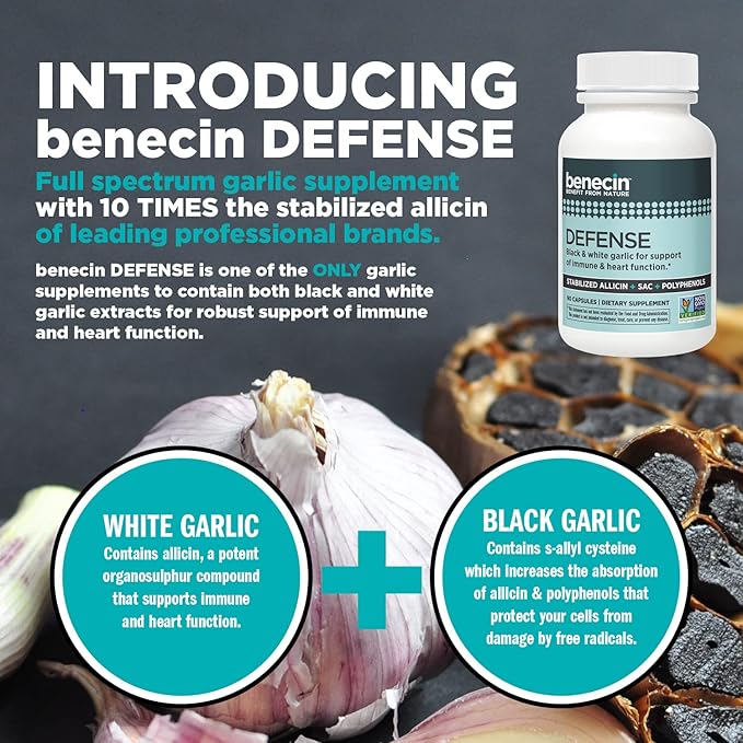 Benecin Defense 1500 mcg Stabilized Allicin per Capsule | Plus high Amounts of SAC & Polyphenols from Black Garlic | Powerful Support of Immune & Heart Function Vegetarian Caps (360)