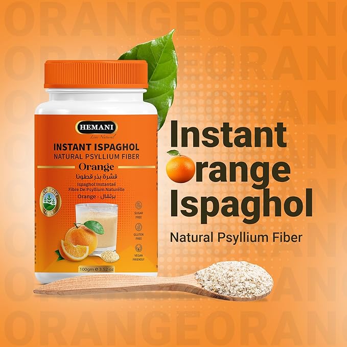 Hemani Instant Psyllium Husk Ispaghol 100g | Orange Flavored On-The-Go Fiber Supplement | Supports Digestive Health | Add to Water for a Refreshing Drink