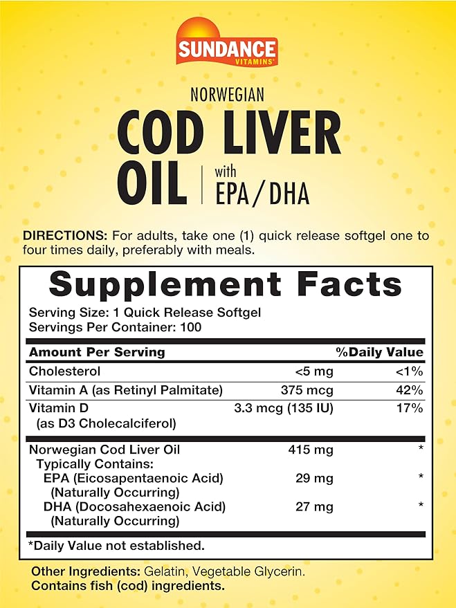 Sundance Norwegian Cod Liver Oil | 100 Softgels | with EPA and DHA | Good Source of Vitamins A & D | Non-GMO and Gluten Free Supplement