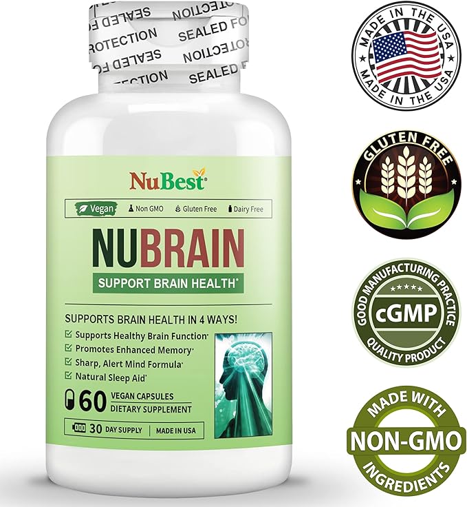NuBrain Booster - Brain Supplement for Brain Booster, Memory, Focus & Clarity Support with St. John’s Wort, Ginkgo Biloba, Bacopa & More - Premium Nootropic Brain Supplement - 2 Pack