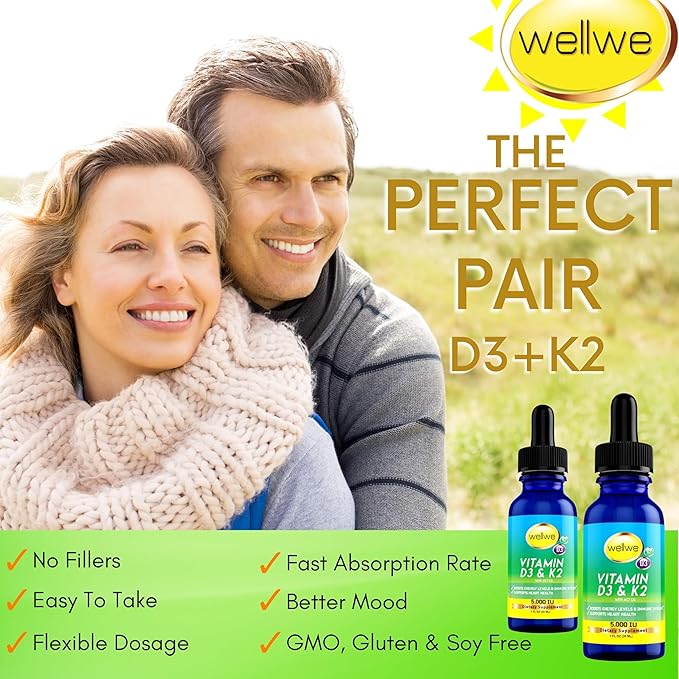 2 Bottles Liquid Vitamin D3 K2 Drops 5000 IU with MCT Oil - Vegan Liquid Vitamin D Supplement to Boost Energy Levels, Mood and Immune System, Unflavored, No Odor, Gluten-Free, Non-GMO, 2 Fl Oz