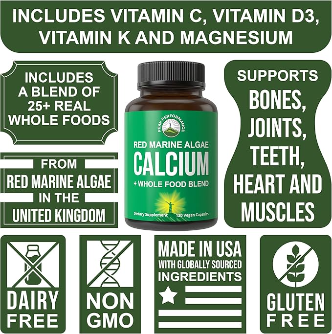 Plant Based Calcium - Red Marine Algae Calcium Supplement with Vitamin C, D3, K, Magnesium, and Whole Food Vegetable Blend. Vegan Capsules for Bones and Joints. 120 Pills, Tablets