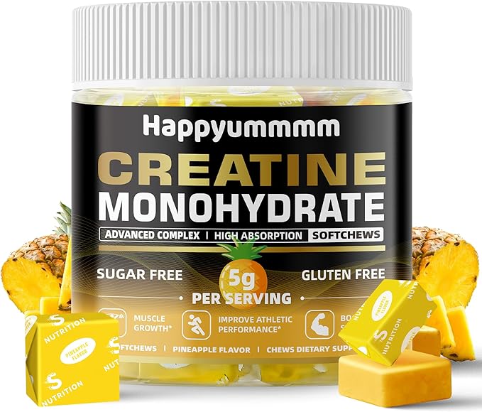 Creatine Monohydrate Soft Chews 5g for Men & Women, Preworkout Gummy with Electrolyte for Muscle Growth, Strength & Energy Support, Pineapple 60 pcs