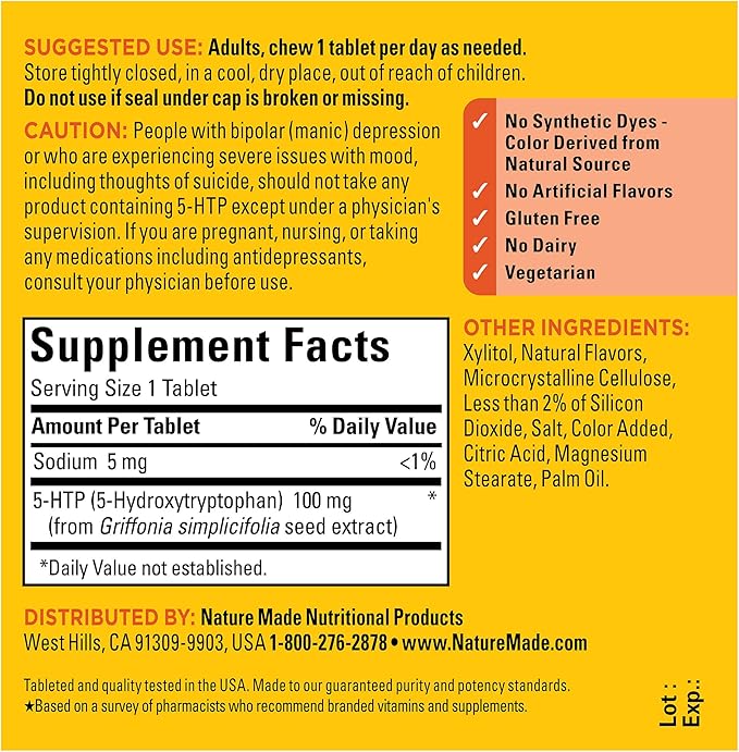 Nature Made Chewable 5HTP 100mg, 5-HTP Mood Support Supplement, 30 5 HTP Chewable Tablets, 30 Day Supply