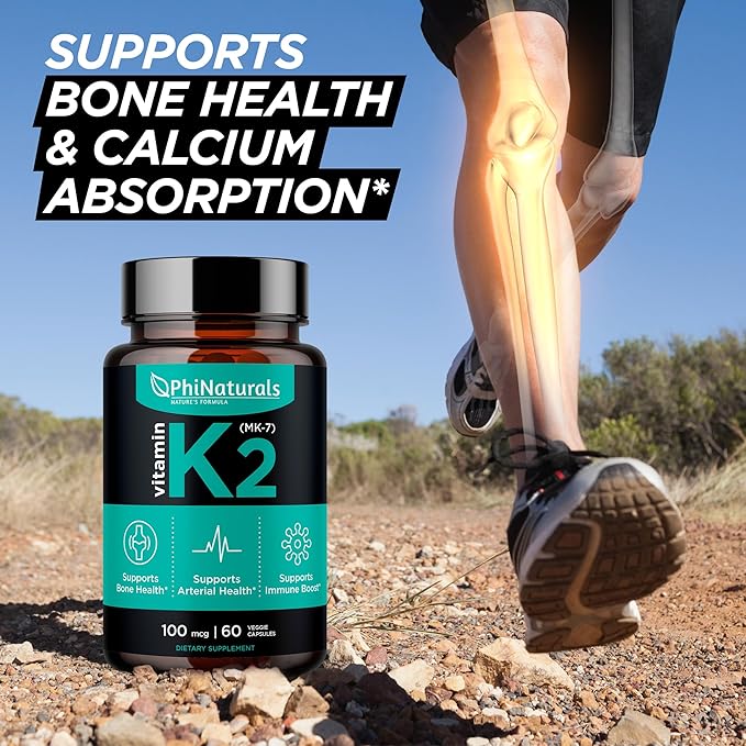PhiNaturals Vitamin K2 Mk7 100 mcg Vegan 60 Capsules Bone Health Heart Cardiovascular Arteries - VIT k-2 MK-7 100mcg Supplement from Natto