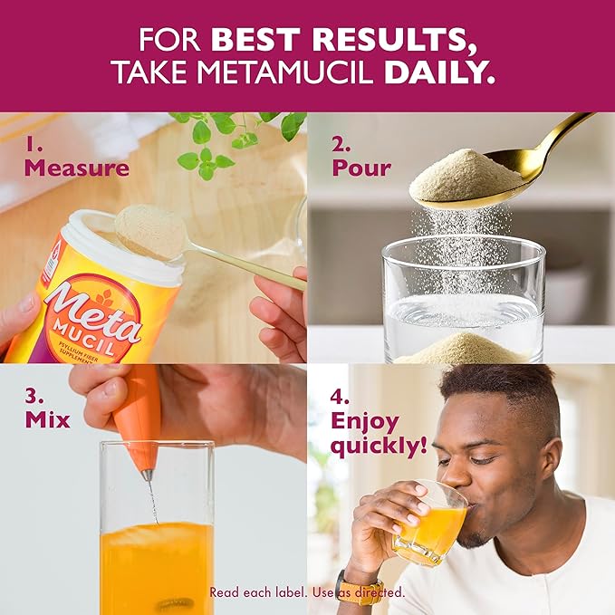 Metamucil 4 in 1 Daily Fiber Supplement Powder, Fiber Powder for Digestive Health and Regularity*, Sugar-Free, Orange, Naturally Sourced Psyllium Fiber, 72 teaspoons