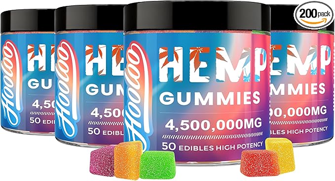 Hemp Gummies Extra Strength for Adults - 6 Fruity Flavors Infused Vitamins, Omega 3 - Chewable Gummy for Deep Bedtimes, Focus, Unwind - Pack of 4 - Made in USA