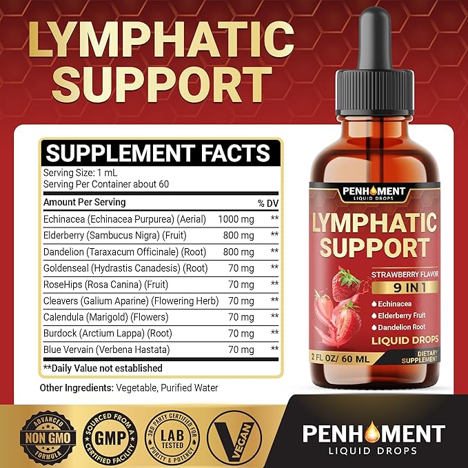 9in1 Lymphatic Drainage Drops Supplement - Echinacea | Elderberry | Dandelion | Rosehip | Cleavers | Calendula | Burdock - Lymph System Liquid Extract - Immune, Cleansing - 2 Fl Oz - 60 Days